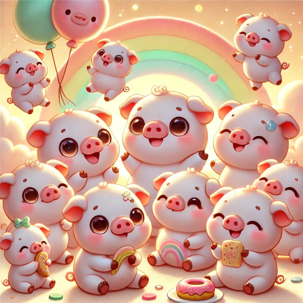 Cartoon pigs celebrating together under a rainbow