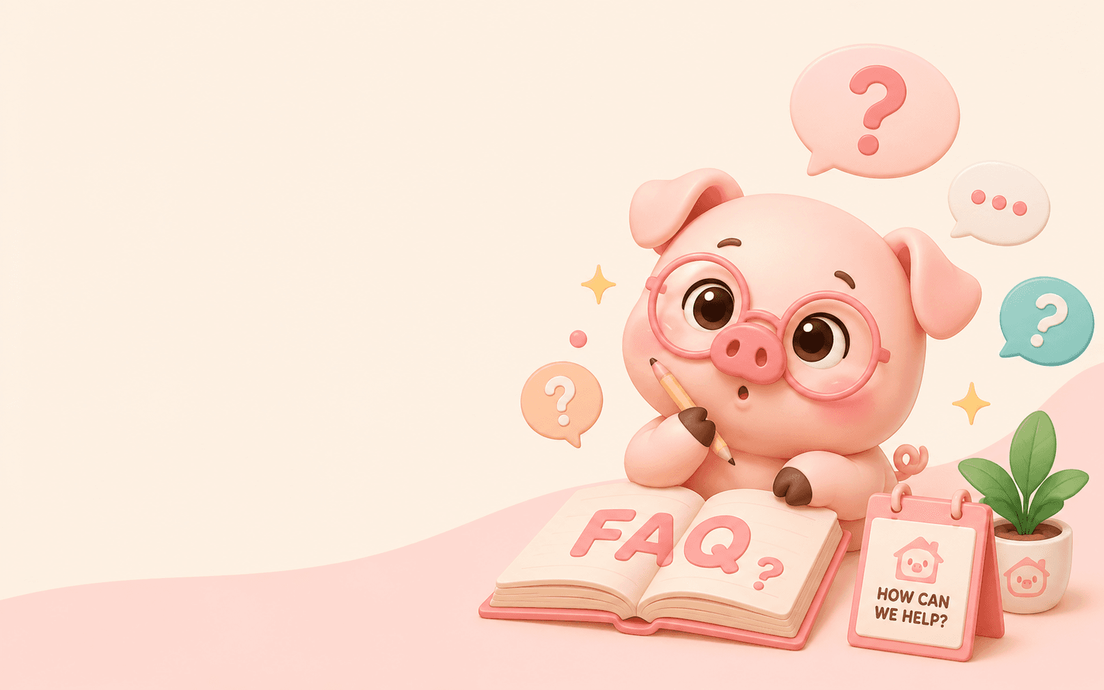 Cartoon pig reading an FAQ book